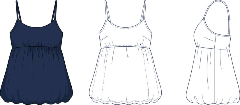 Women spaghetti strap bubble hem camisole top technical fashion flat sketch template featuring empire waist gathers side view