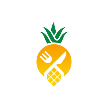 Minimalist Pineapple Logo Illustration Featuring Integrated Fork and Knife Symbol for Modern Restaurant or Tropical Food Catering Identity