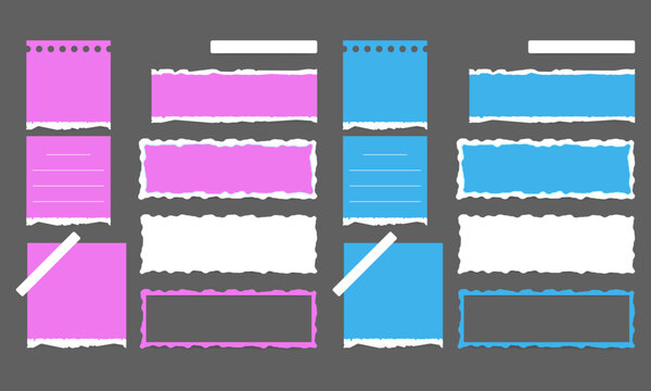 Set of colorful torn paper sticky notes and memo in pink and blue. Flat vector illustration. Suitable for stationery, scrapbook, reminder, message, interface, UI.