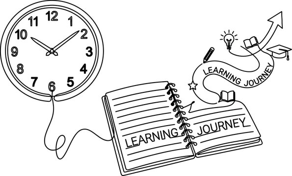 Learning journey illustration with open book and clock showing time management for education isolated on transparent background, isolated on white background, Vector Teachers&rsquo; Day (China) 2027 one lin