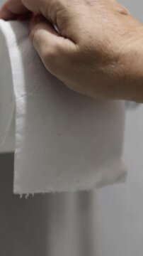 Una mano de mujer adulta agarrando papel higi&eacute;nico movi&eacute;ndolo o agarrando para realizar su limpieza cotidiana en el ba&ntilde;o. Estilo de vida. Video vertical     