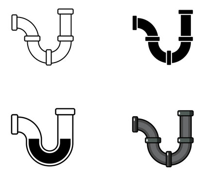 Conjunto de &iacute;conos de tuber&iacute;as, concepto de mantenimiento, reparaci&oacute;n y limpieza de tuber&iacute;as. Vector en blanco y negro y en color.