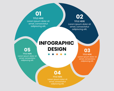 Colorful infographic design with five connected segments and placeholder text for data presentation