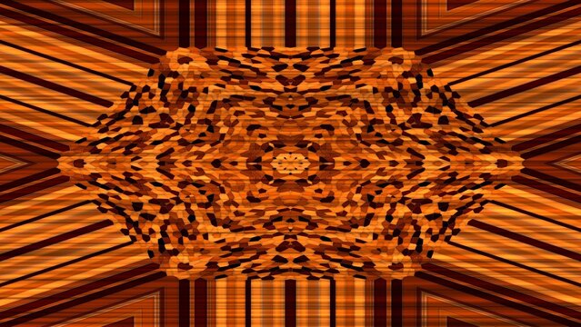 Dynamic orange and brown geometric mosaic pattern with converging stripes on transparent background