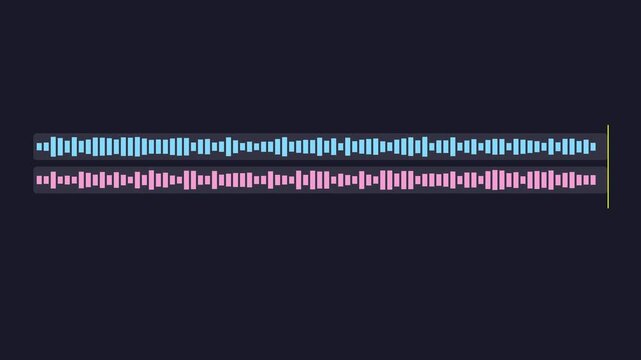 Digital audio waveform visualization with moving playhead and dual stereo sound channels for music production and media editing animation 4k