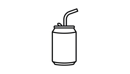 Obraz premium Minimalist black outline drawing of a soda can with a straw on a clean white background, vector icon.