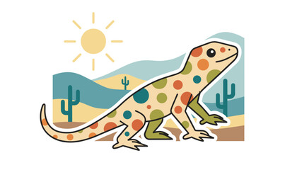 Fototapeta premium Colorful spotted lizard walking through a desert landscape with cactus and a bright warm sun overhead.