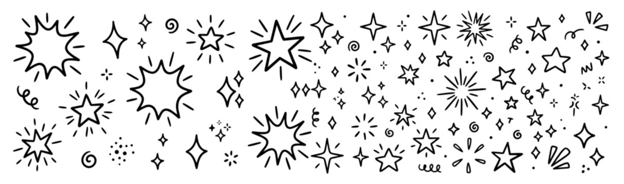 Hand drawn doodle vector mega pack of sparkles featuring sparkle stars, shiny twinkles, glimmer symbols, magical sparkle doodles and decorative accents isolated on white background