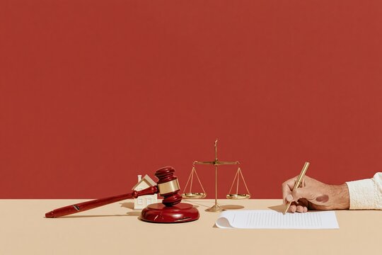 Wooden gavel and justice scales on a desk with a hand signing a document on red background for property law and real estate dispute concepts