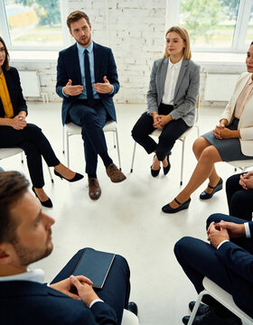 Diverse business professionals sit in a circle for a leadership workshop and group discussion in a bright modern office meeting room with wide copy space layout