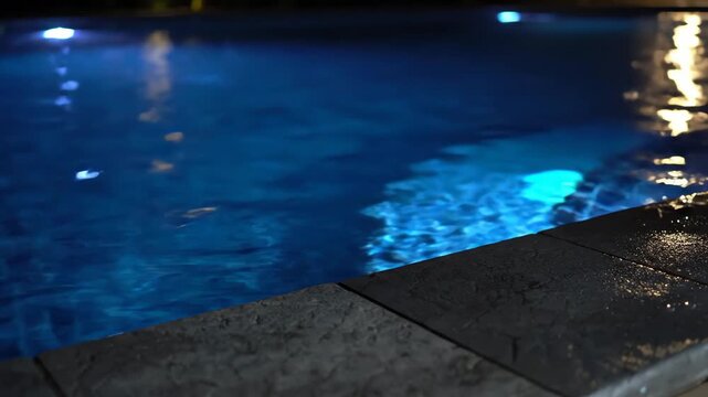 Night swimming pool water surface with blue underwater lights