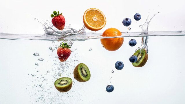 Colorful fresh fruits suspended and splashing in clear water, featuring strawberry, orange, blueberries, and kiwi, symbolizing freshness, nutrition, hydration, and healthy living.