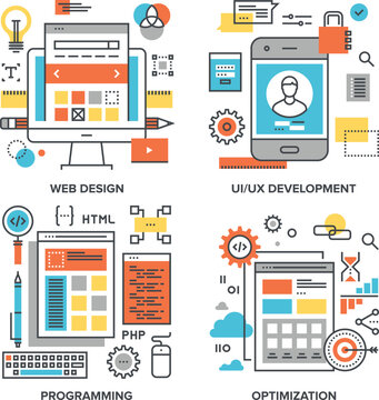 Web design, UI UX development, programming, and optimization concept illustration set featuring website layouts, computer screens, mobile apps, user profile interface, HTML coding tags, PHP code block