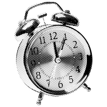 Vintage alarm clock illustration with halftone dots on a white background, PNG design element