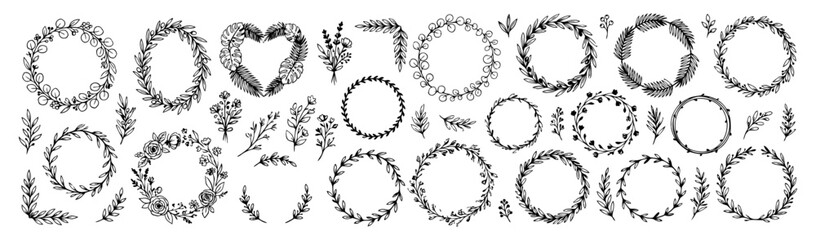 Hand drawn doodle vector mega pack of leaf wreaths featuring botanical wreaths, eucalyptus wreaths, olive wreaths, tropical wreaths, branch wreaths and minimalist frames isolated on white background © Creative Lab
