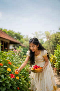 Young Indian Girl Picking Onam Flowers in Traditional Kerala Home Garden