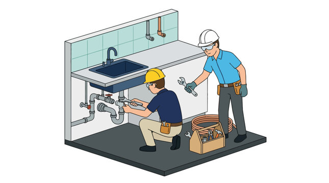Plumbers Performing Sink Repairs in a Kitchen Illustration KFA Pro Viewpoint