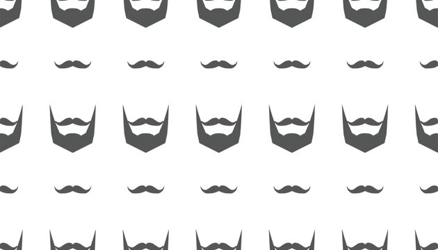 Seamless vector pattern featuring gray hipster beards and mustaches arranged in rows on a white background.