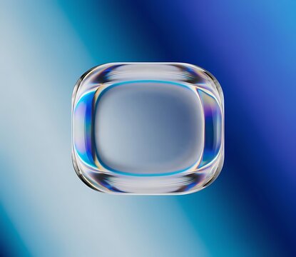 Glossy transparent glass app icon template with rounded square shape on blue gradient background