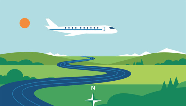 White passenger airplane flying in the sky over a winding blue river running through green fields under the sun.