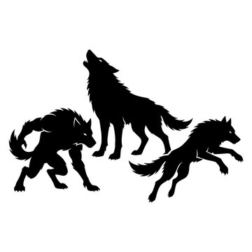 Werewolf howling wolf silhouette vector. Black lycanthropes and werewolves running. Graphic t-shirt design, patch, game, tattoo, logo, poster art. Halloween