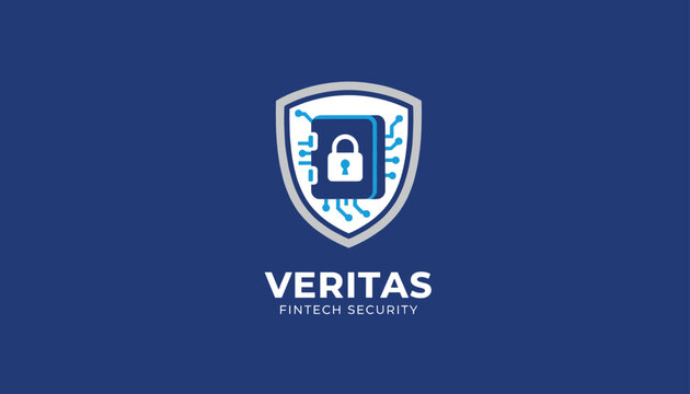 Logo design for Veritas Fintech Security featuring a protective shield with a secure padlock book and digital circuits.