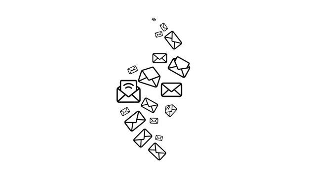 A dynamic stream of black and white outline envelope icons flies upward in a graceful trail on a pure white background.