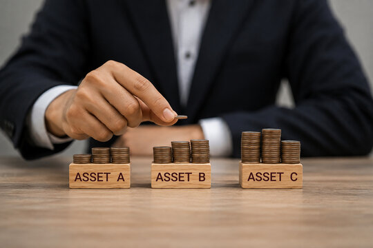 Diversify financial risk with funds. Investment asset allocation, diversification and risk management. Hand chooses on stacking coins with words ASSET A, B, C on wooden blocks. Real estate investment.