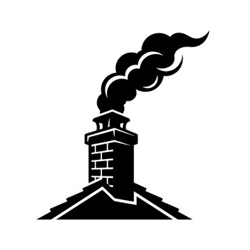 Minimalist chimney icon with smoke wisps. Flat vector symbol of brick flue and roof tiles, home heating concept. Halloween