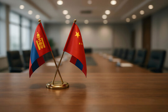 Crossed miniature flags of mongolia and china displayed on a wooden conference table in a blurred office room with soft ambient ceiling lighting