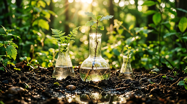 Green saplings growing in laboratory flasks on soil, close-up