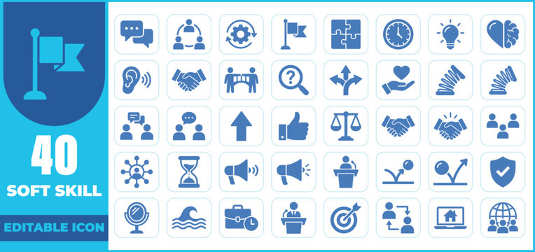 A comprehensive collection of soft skill icons representing professional development communication leadership teamwork problem solving and emotional intelligence for modern business graphic