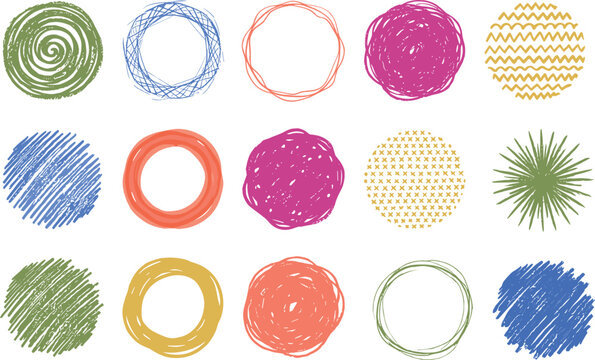 Collection of colorful hand drawn circular shapes featuring abstract doodle patterns rough scribbles and round graphic design elements isolated on white background.
