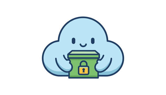 Cute cartoon blue cloud character holding a secure locked green treasure chest for cloud storage protection.