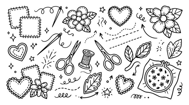 Hand drawn doodle vector collection of applique featuring fabric shapes, flower applique, heart applique, leaf applique, sewing needle, embroidery tools isolated on white background