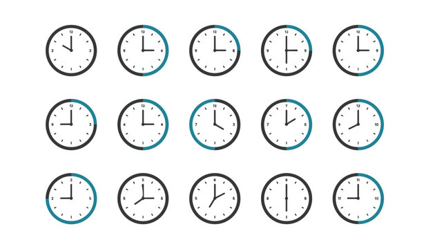 Grid of fifteen round clock faces showing different hours with teal highlights indicating different time intervals.