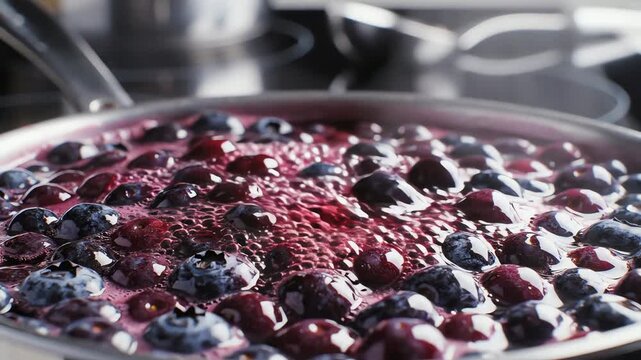Fresh blueberries simmering in a pan to make homemade jam