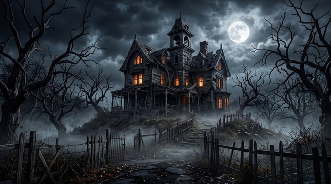 Haunted Halloween House in Dark Forest Under Full Moon Night Sky with Flying Bats, Spooky Castle Silhouette and Scary Autumn Holiday Vector Illustration
