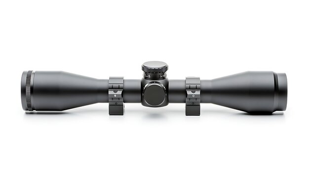 Professional black rifle with scope and accessories isolated.
