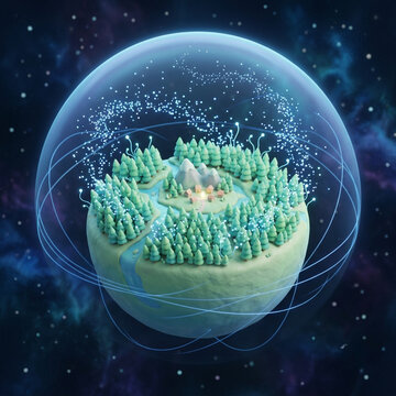 Surreal 3D render of mini world diorama inside protective bubble with cosmic particle trails and energy lines. Conceptual art of isolated ecosystem, biosphere and planet preservation in space
