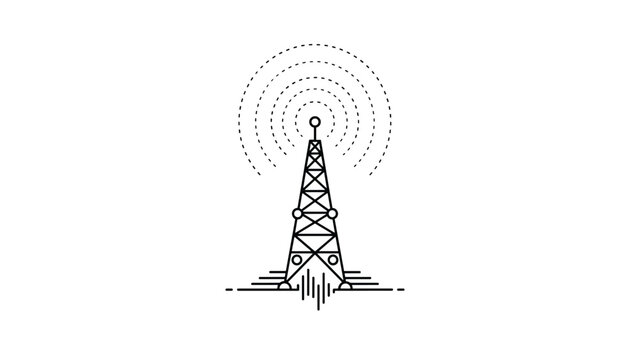 Line art illustration of a tall telecommunication radio tower broadcasting wireless signals as concentric dotted circles.