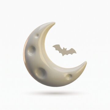Glossy 3D crescent moon with bat, spooky Halloween night sky element, plastic moon icon on white background