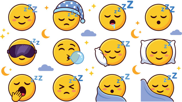 Collection of flat cute yellow sleep emojis including tired yawning drooling and dreaming face icons for bedtime fatigue and relaxation design graphics