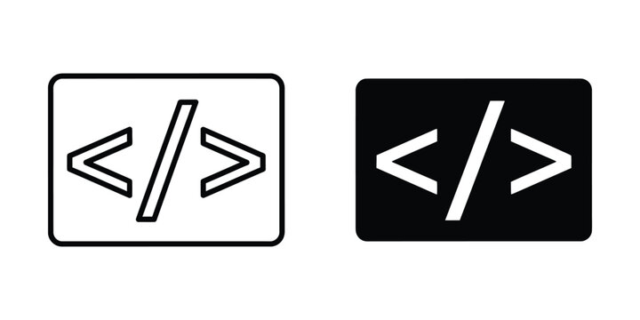 Coding brackets symbols in outline and solid fill on white and black backgrounds for web development concept