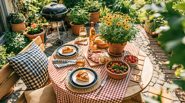 Cozy Garden Breakfast Table with Potted Flowers and Picnic Food