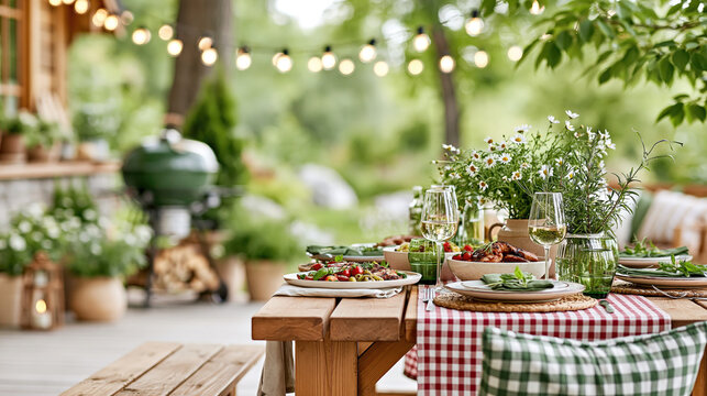 Cozy Backyard Dining Table with Summer Food and String Lights
