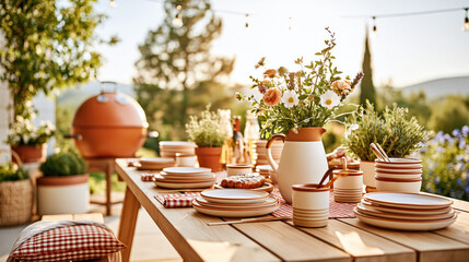 Fototapeta premium Cozy Outdoor Dining Table on Flower-Filled Country House Terrace