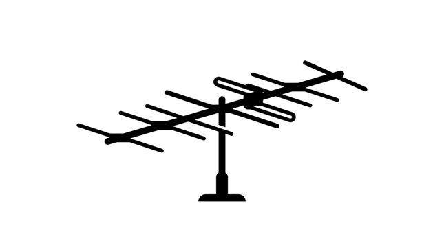 Black silhouette of a Yagi Uda television antenna on a mounting pole.