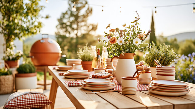 Cozy Outdoor Dining Table on Flower-Filled Country House Terrace