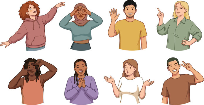 Diverse group of multicultural men and women showing various hand gestures and facial expressions in a flat vector cartoon character illustration.